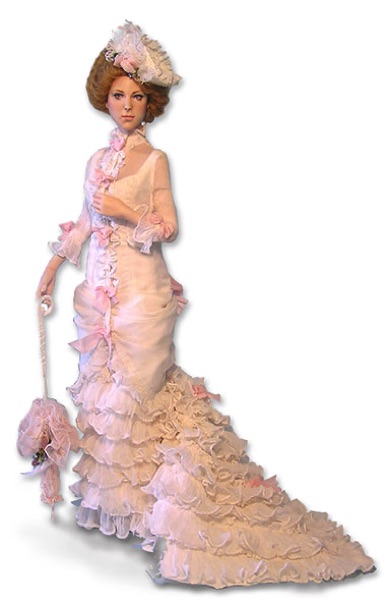 Amelia Doll dressed in 1877 era white  and pink silk gown-catnco.com