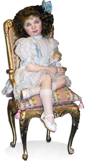Victorian child doll white voil sitting on a chair|CATNCO