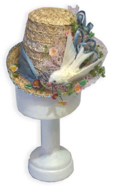 Victorian straw doll hat decorated with a faux bird and flowers-CATNCO